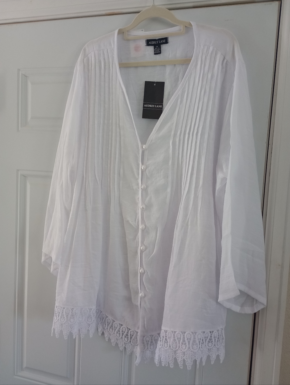 Audrey Lane White Blouse Beach Pool Cover Up Long Sleeve Pearl Button Size 2X